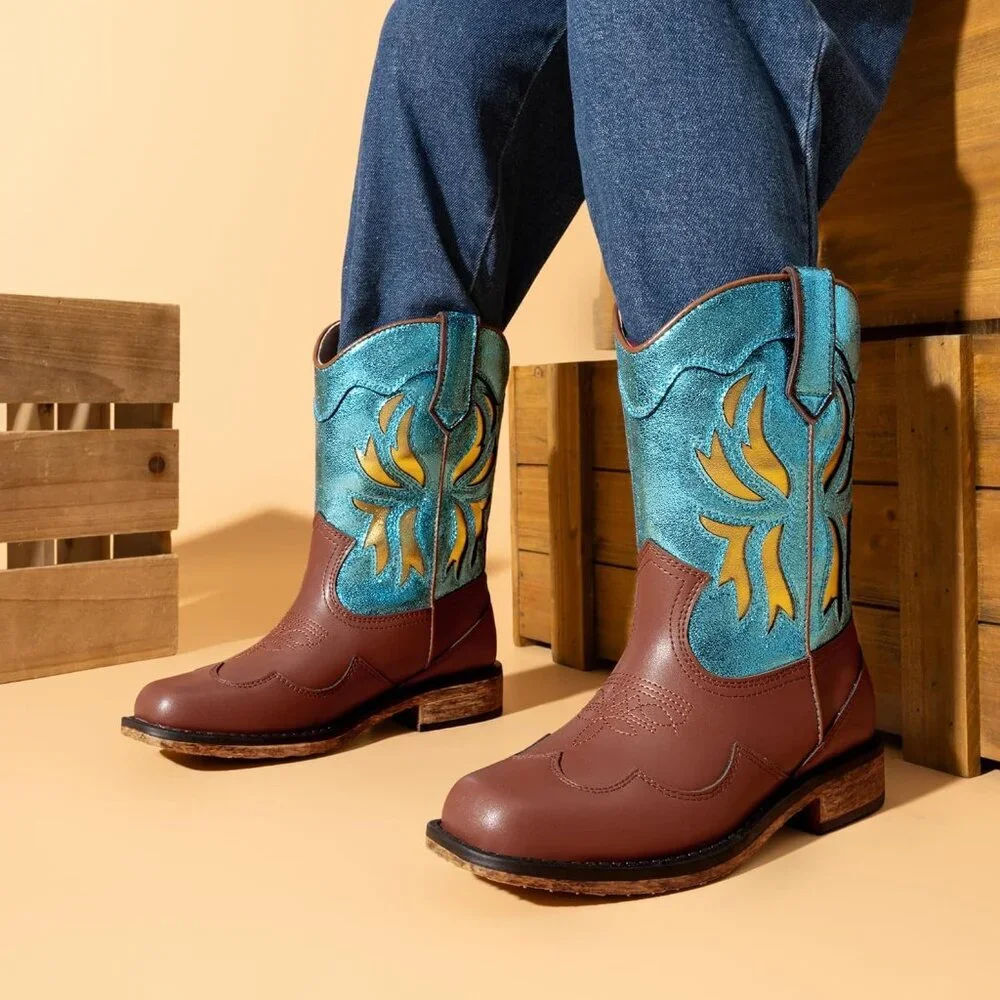 ⚡Girls Blue Square Toe Mid Calf Cowgirl Boots Western Fashion Riding Shoes